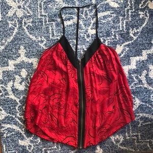 Ruby red front zip silk top